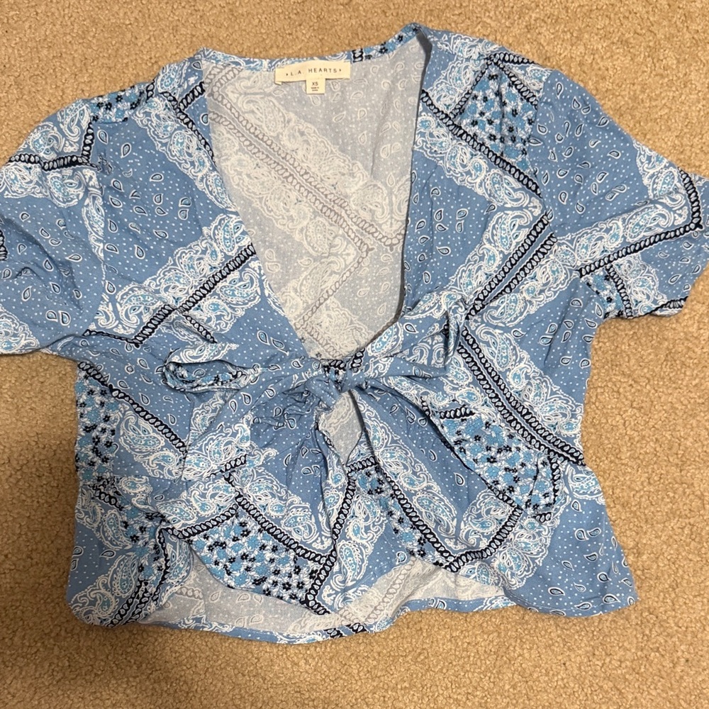 PacSun Blue Paisley Tie-Front Blouse